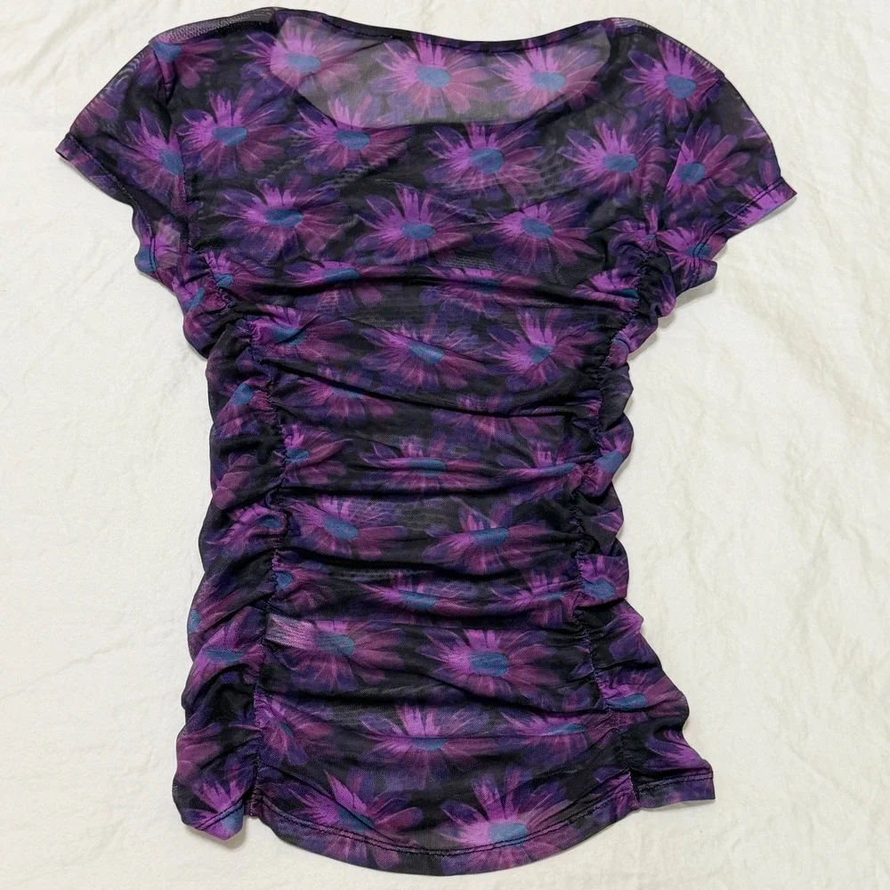 Intimately Free People Purple Floral Mesh Ruched Short Sleeve Top XS